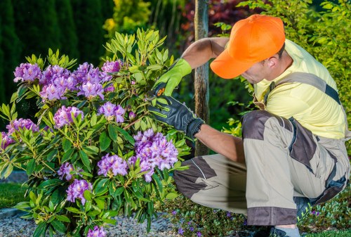 Maintenance team mowing a compact riverside lawn in an urban garden