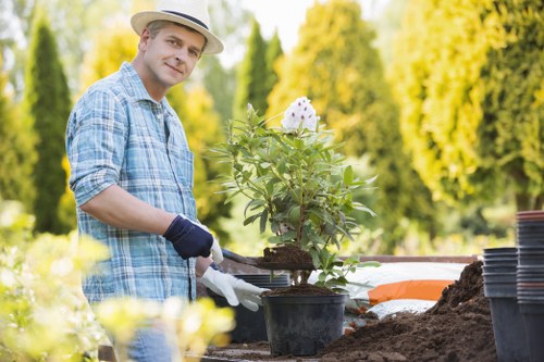 Gardening team inspecting a client property and discussing notes
